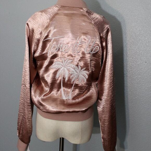 Tone It Up Rose Gold Satin Bomber Jacket Size Small - Picture 6 of 8